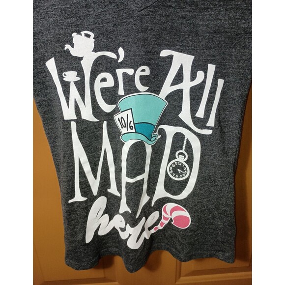 Disney Alice in Wonderland X-Small XS Black “We're All Mad Here” V-neck T-shirt - Picture 4 of 12